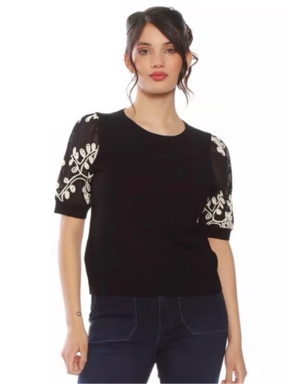 SIONI Puff Mesh Embroidered S/S Crew Neck Sweater Black Ivory 2X
